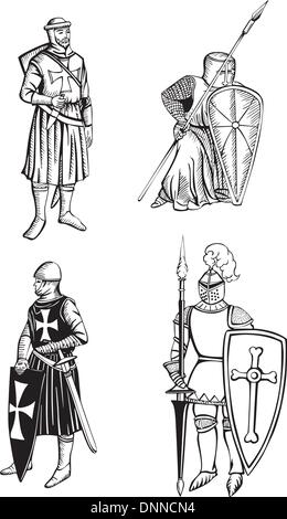 Medieval knights. Set of black and white vector illustrations. Stock Vector