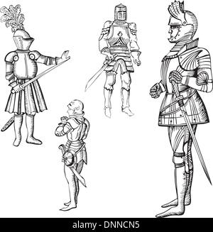 Medieval knights. Set of black and white vector illustrations. Stock Vector