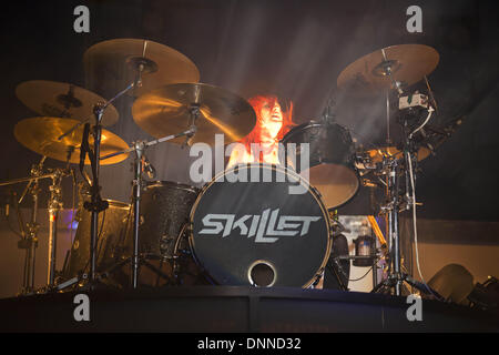 Oshkosh, Wisconsin, USA. 12th July, 2012. Drummer JEN LEDGER of Skillet performs at 2012 Rock USA Music Festival in Oshkosh, Wisconsin © Daniel DeSlover/ZUMAPRESS.com/Alamy Live News Stock Photo