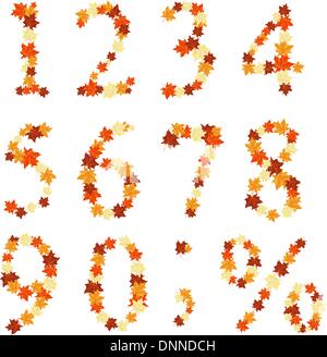 Autumn maples leaves numeral set. Vector illustration. Stock Vector