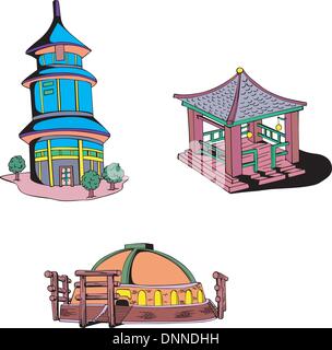 Asian oriental temples. Set of color vector illustrations. Stock Vector