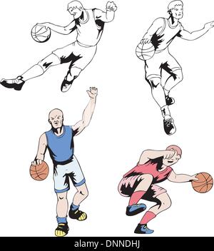 Basketball players. Set of black and white vector illustrations. Stock Vector