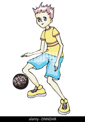 Boy playing ball. Black and white vector illustration. Stock Vector