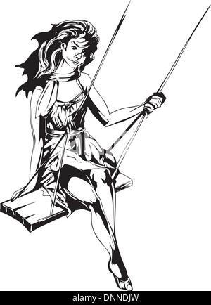 Girl on swing. Black and white vector illustration. Stock Vector