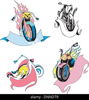 Motorcycles with ribbons. Set of color vector illustrations. Stock Vector