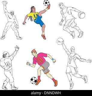 Sportsmen players with balls. Set of color and black/white vector illustrations. Stock Vector