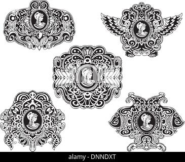 Set of decorative antique cameos with woman portrait in profile. Black and white vector illustrations. Stock Vector