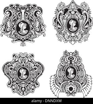 Set of decorative antique cameos with woman portrait in profile. Black and white vector illustrations. Stock Vector