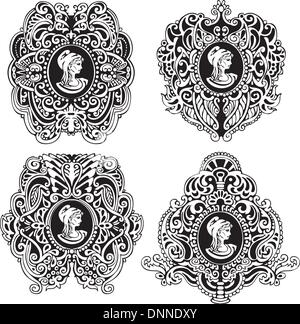 Set of decorative antique cameos with woman portrait in profile. Black and white vector illustrations. Stock Vector