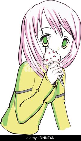 Nice little girl in anime style eating an ice cream. Vinyl-ready Vector EPS Illustration. Stock Vector