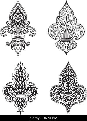 Fleur-de-lis (French Lilies of Bourbons). Set of black and white vector illustrations. Stock Vector