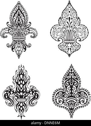 Fleur-de-lis (French Lilies of Bourbons). Set of black and white vector illustrations. Stock Vector