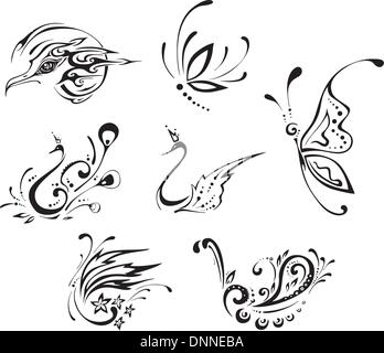 Stylized butterflies and birds. Set of black and white vector illustrations. Stock Vector
