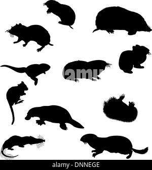 Collection of beaver and other rodents silhouettes. Vector illustration. Stock Vector