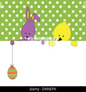 Easter colorful card with rabbit and chicken Stock Vector