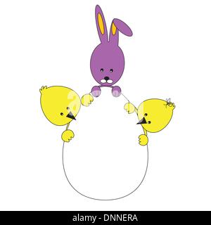 Easter colorful card with rabbit and chickens Stock Vector