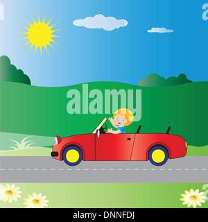 Small boy driving car on road Stock Vector