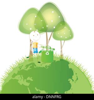 Happy and small boy earth protection and think green Stock Vector