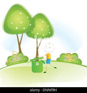 Happy and small boy earth protection and think green Stock Vector