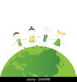 Happy girls and boys on green globe Stock Vector