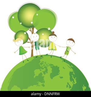 Happy girls and boys on green globe Stock Vector