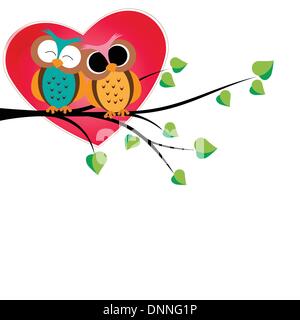 Cute and  happy owls on tree with hearts Stock Vector