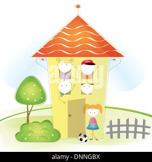 Cute and colorful illustration with kids in house Stock Vector