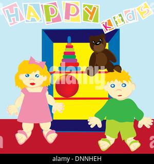 Greeting card with bear and kids. Vector illustration. Stock Vector