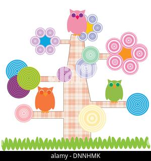 Cute kids cartoon with tree and owns