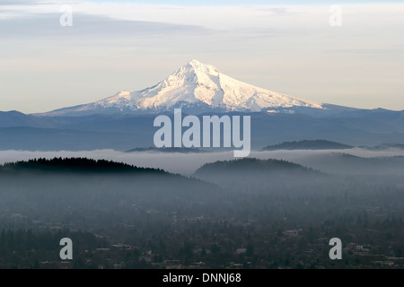 Mount Hood with Low Lying Fog Over Portland Oregon in the Valley Stock Photo