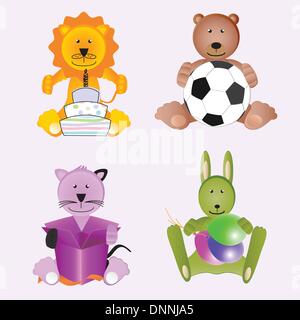 Four animals with gift, cake, balloon and ball Stock Vector