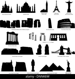 High Detail landmarks silhouette set with descriprion of title and place. Vector illustration. Stock Vector