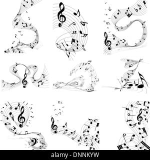 Musical note staff set. Nine images. Vector illustration. Stock Vector