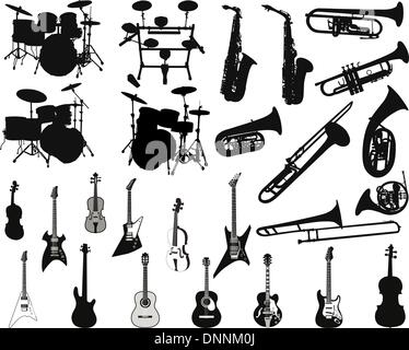 Set of different stringed, wind and percussion instruments Stock Vector