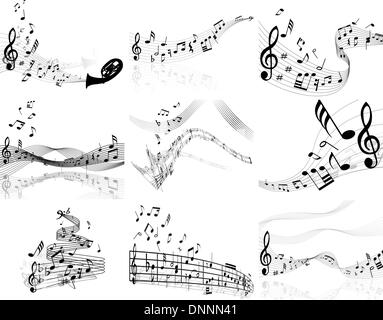 Set of  nine vector musical notes staff Stock Vector