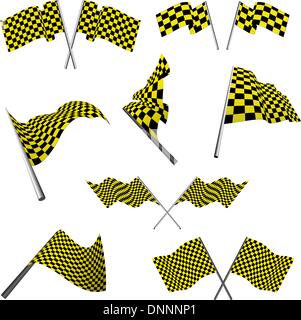 Yellow and black checked racing flags set. Vector illustration. Stock Vector