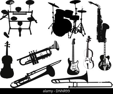 Set of different stringed, wind and percussion instruments Stock Vector