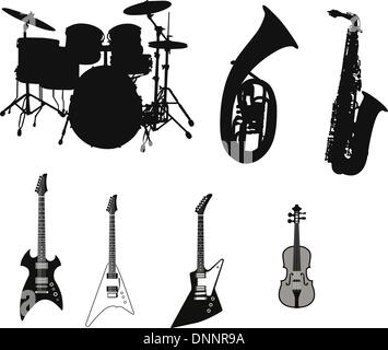 Set of different stringed, wind and percussion instruments Stock Vector