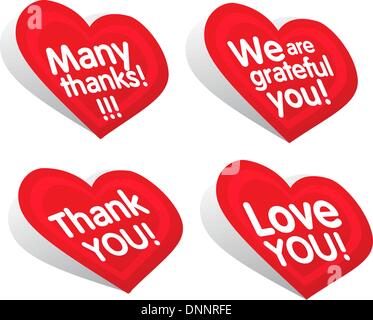 'thank you' stickers in heart form on white Stock Vector