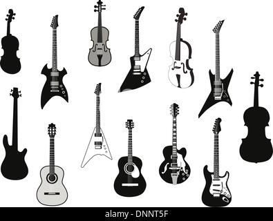 Set of detailed vector silhouettes different guitars Stock Vector