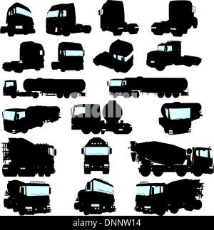 Big collection of high detail trucks silhouette. Vector illustration. Stock Vector