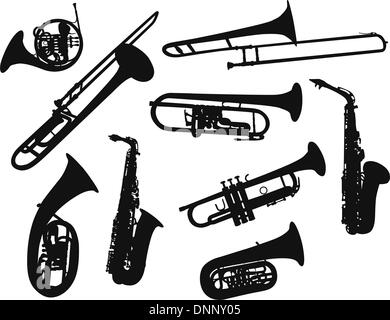 Set of different vector silhouettes wind instruments Stock Vector