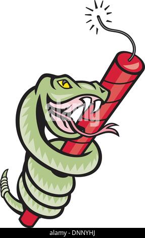 Illustration of a rattle snake coiling on dynamite stick about to explode done in cartoon style. Stock Vector