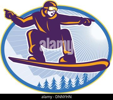 Illustration of a snowboarding spin jumping on snowboard pointing set inside oval with alpine trees in background. Stock Vector
