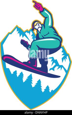 Illustration of a snowboarding jumping on snowboard pointing forward set inside crest shield with mountain alps and alpine trees in background. Stock Vector