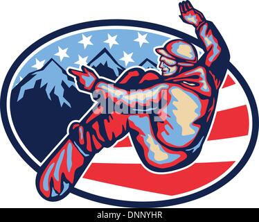 Illustration of a snowboarding spin jumping on snowboard set inside oval with alpine alps mountains and American stars and stripes flag in background done in retro style. Stock Vector