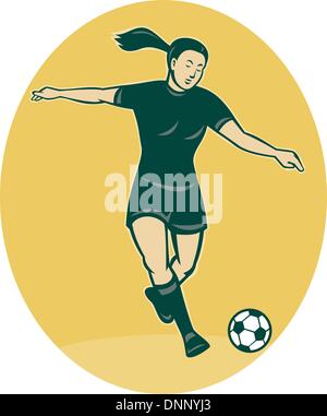 illustration of a woman girl playing soccer kicking the ball cartoon style Stock Vector