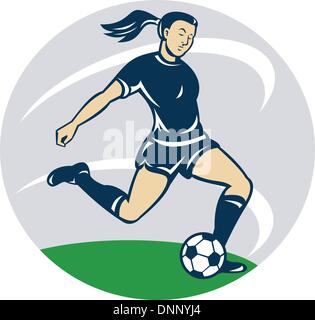 illustration of a woman girl playing soccer kicking the ball cartoon ...