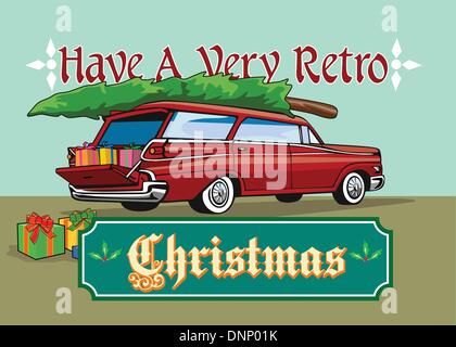 Greeting card poster illustration showing a christmas tree on top of vintage station wagon automobile with gifts presents in the car boot and words Have a very retro christmas'.' Stock Vector