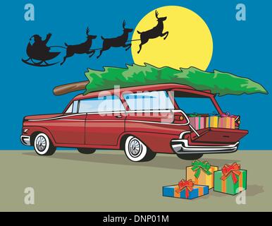 Illustration of red car station wagon with pine christmas tree on top and gifts and Santa on sleigh and reindeer in the background. Stock Vector